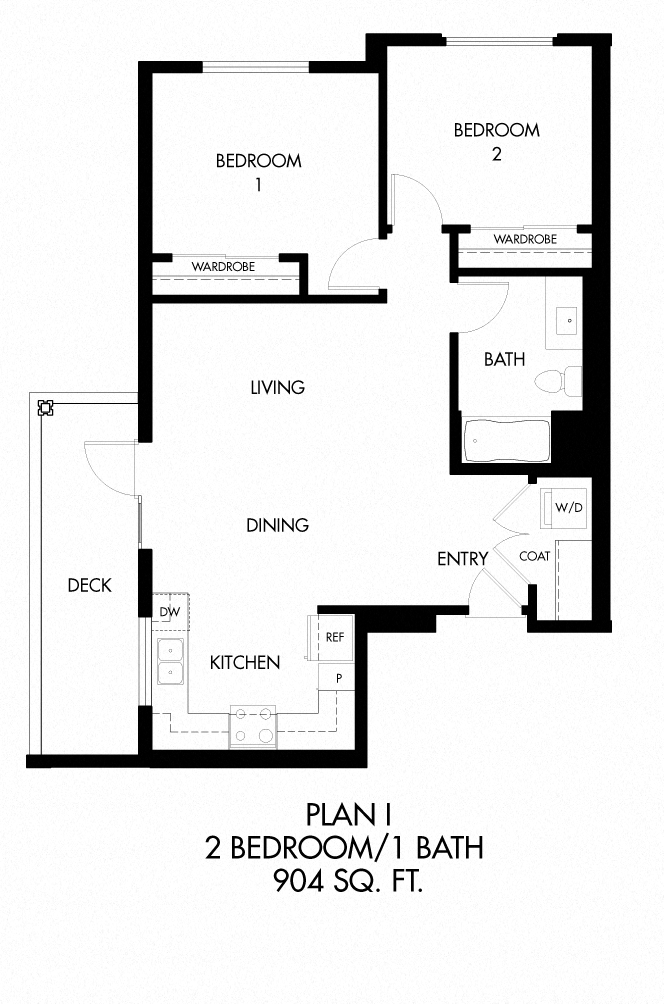 Floor plan for 2 beds, 1 bath, 906 sqft